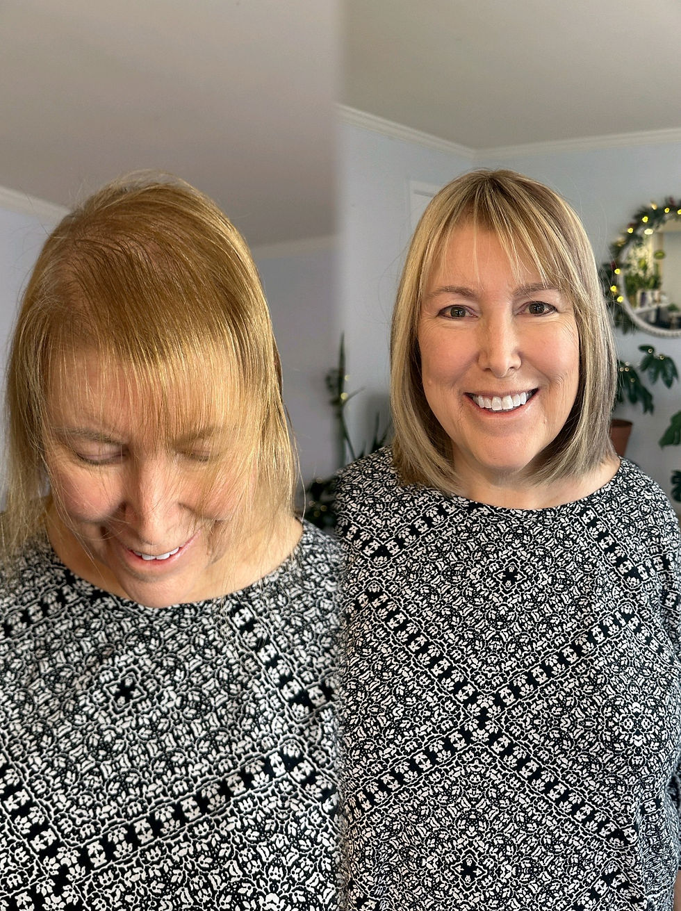 Before and after of a hair topper with one row of hair extensions and a blonde root color touch-up for grey coverage, creating a seamless and natural blend. Clarksburg Maryland Hair topper