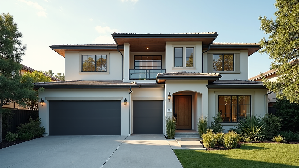 High angle view of a freshly painted upscale home exterior with modern design
