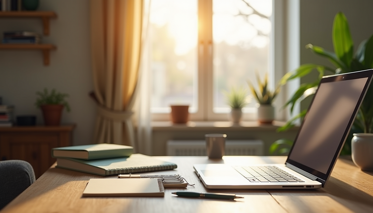 Eye-level view of a modern home office setup with a laptop and language learning materials