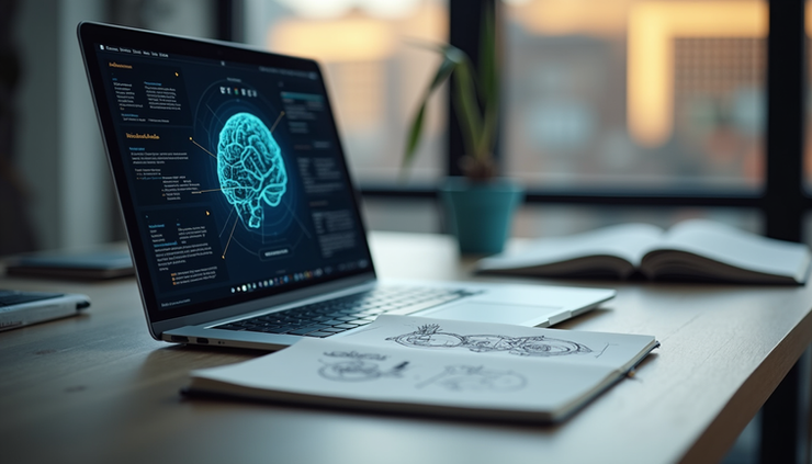 Eye-level view of a modern workspace with a laptop displaying AI data and a notebook with creative sketches