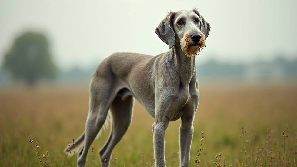 Eye-level view of an Irish Wolfhound standing majestically in a grassy field