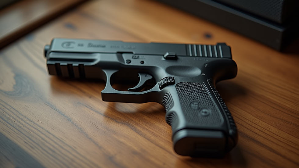 Close-up view of a well-maintained handgun on a wooden table