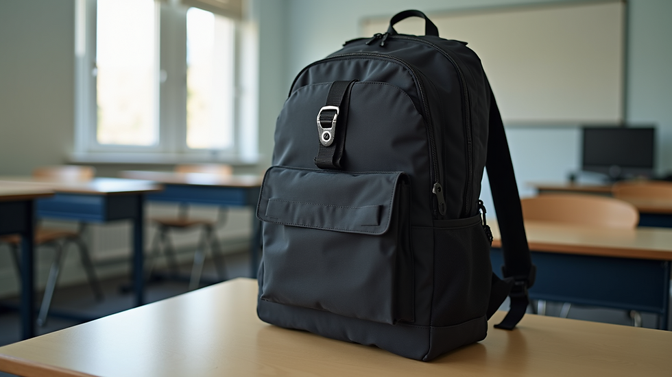 Eye-level view of a bulletproof backpack on a school desk