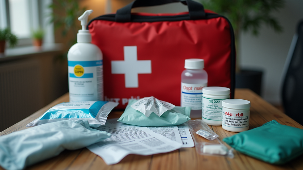 Close-up view of a first aid kit with essential supplies for emergency situations