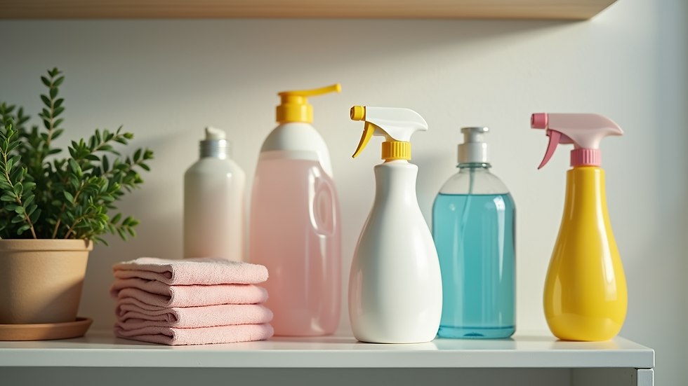 Close-up view of various cleaning products on a shelf