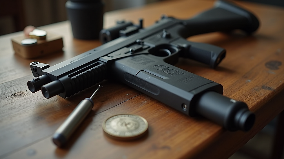 Close-up view of a firearm on a wooden table with cleaning tools