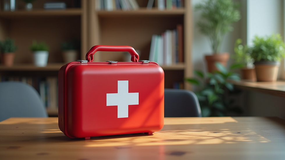 Eye-level view of a first aid kit on a wooden table