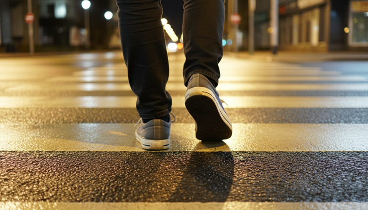 Close-up view of worn sneakers stepping backward on pavement near a bright crosswalk.