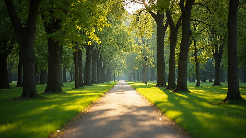 Eye-level view of a peaceful park with a walking path