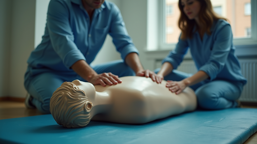 Close-up view of a CPR training mannequin on a training mat