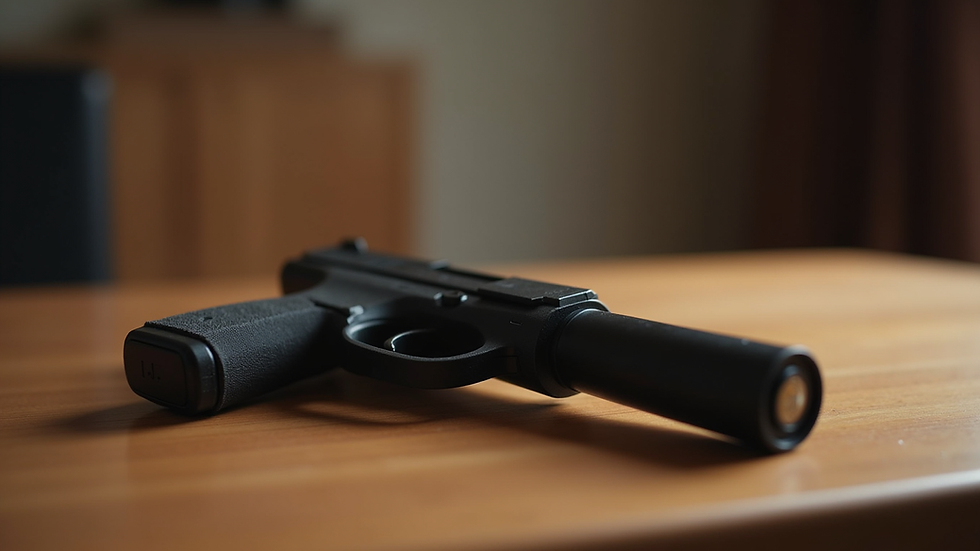 Eye-level view of a stun gun resting on a wooden table