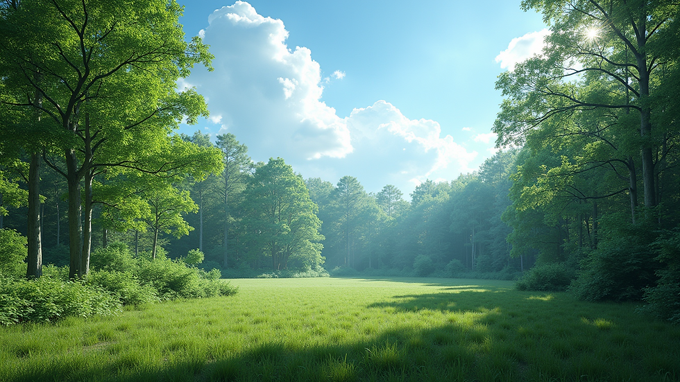Eye-level view of a tranquil forest landscape with a clear blue sky