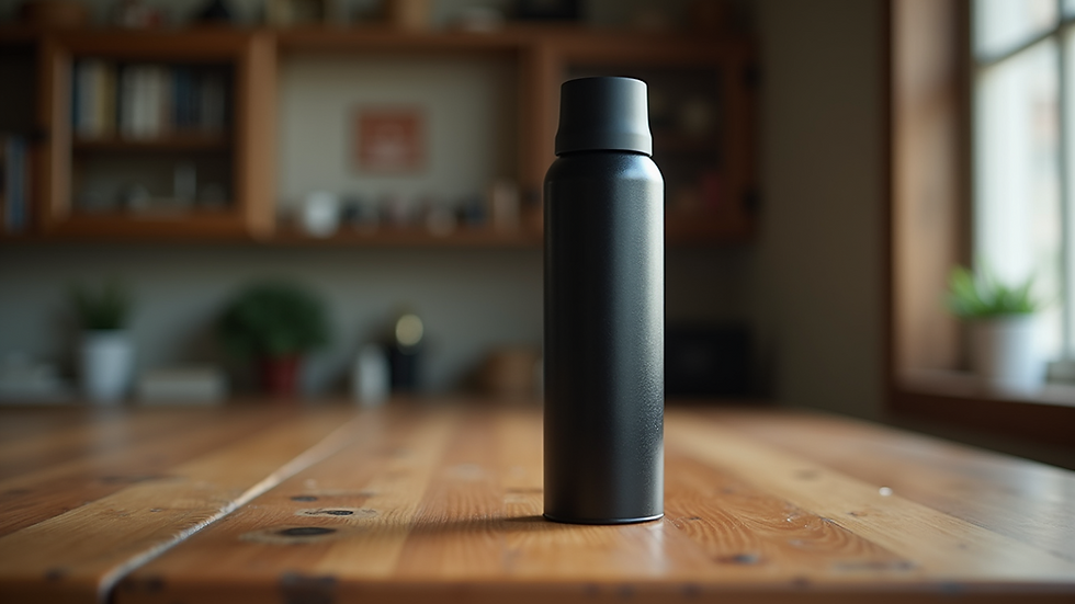 Close-up view of a self-defense pepper spray canister on a wooden table