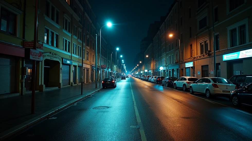 Wide angle view of a well-lit urban street at night
