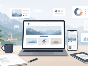 Illustrative Darstellung einer modernen Unternehmenswebsite auf Laptop, Tablet und Smartphone vor einer Vorarlberger Bergkulisse, erstellt mit Unterstützung durch KI.