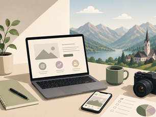Illustrative Darstellung verschiedener Farbwelten für Website, Verpackung und Unternehmensauftritt vor alpiner Landschaft, erstellt mit Unterstützung durch KI.