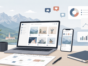 Illustrative Darstellung eines Arbeitsplatzes mit Laptop, Smartphone, Social-Media-Planung und Analyse-Diagrammen vor einer Vorarlberger Bergkulisse, erstellt mit Unterstützung durch KI.