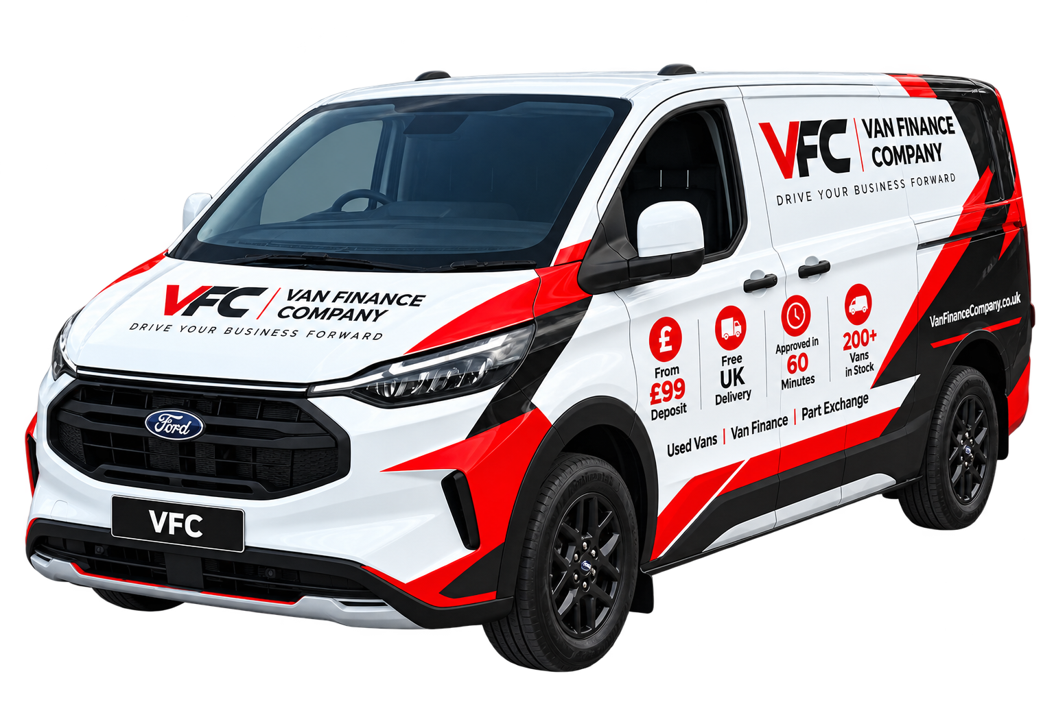 White Ford Transit Custom van with Van Finance Company branding and VFC number plate