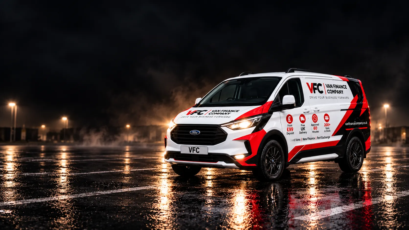 White Van Finance Company Ford Transit Custom parked naturally on a wet road