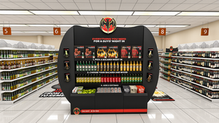 3D render of a black Bacardi promotional display stand in a supermarket aisle, stocked with rum bottles, mixers, and accessories, featuring illuminated branding and campaign messaging.