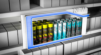 3D product modelling of retail shelf display with Sunsilk, TRESemmé, and Lynx bottles, created in Bangalore for photorealistic visualization.