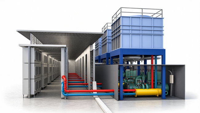 3D render of an industrial cooling plant showing large cooling towers, chillers, red and blue insulated pipes, and mechanical equipment arranged beneath a covered structure.