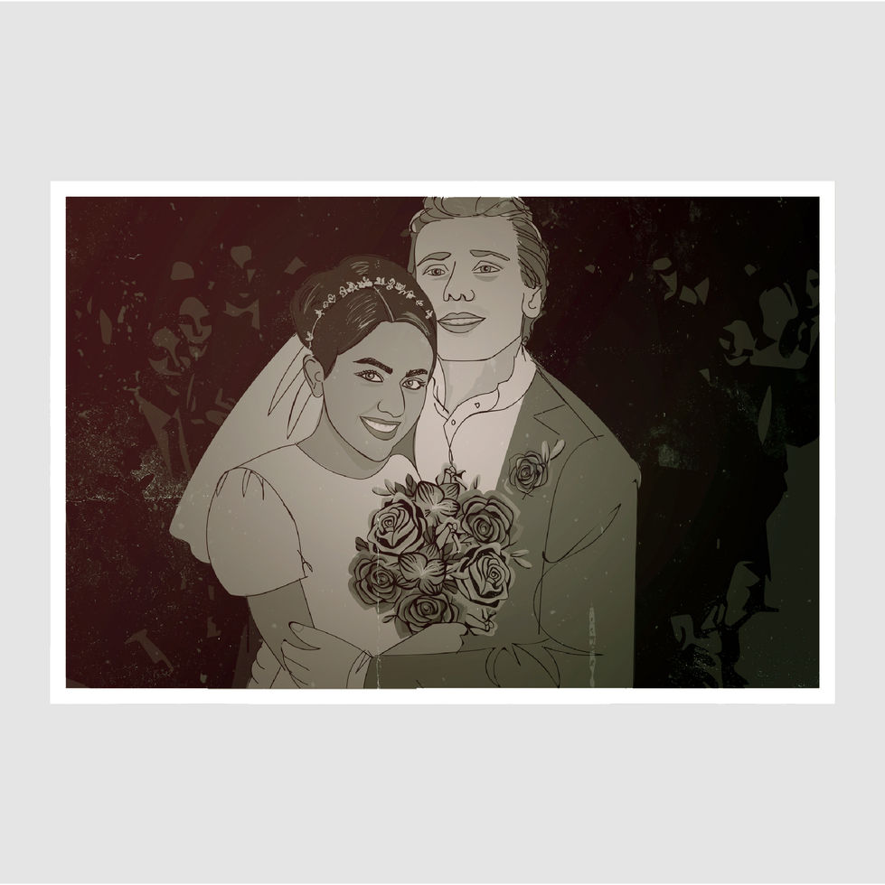 a black and white drawing of a bride and groom