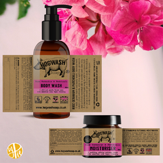 Mock-up of label designs on a bottle and pot created by Design by Pie, Freelance Graphic designer, North Devon