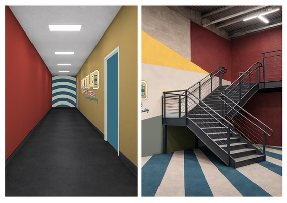 Image of a corridoor and stairway decorated with bold patterns and colourful paint