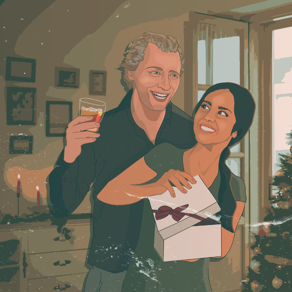 a man is holding a glass of whiskey and a woman is holding a gift box