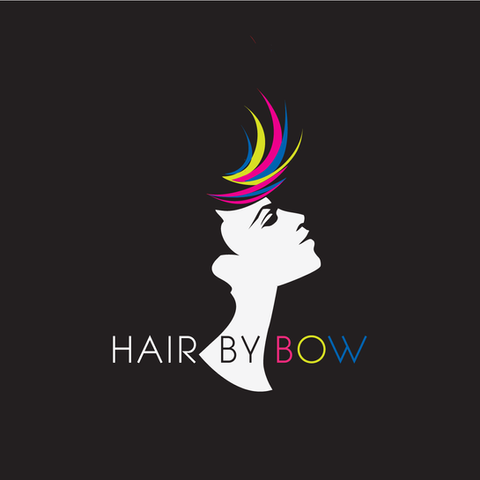 Hair By Bow logo on a black background, created by Design by Pie, Freelance Graphic Designer, North Devon.