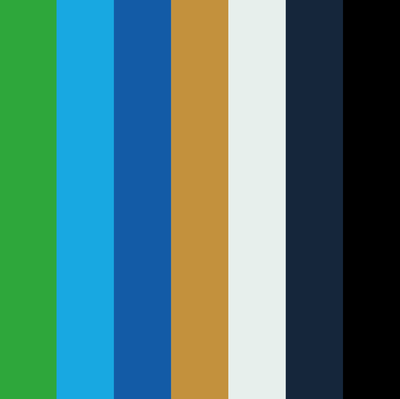 A blue, green, blue and gold colour palette