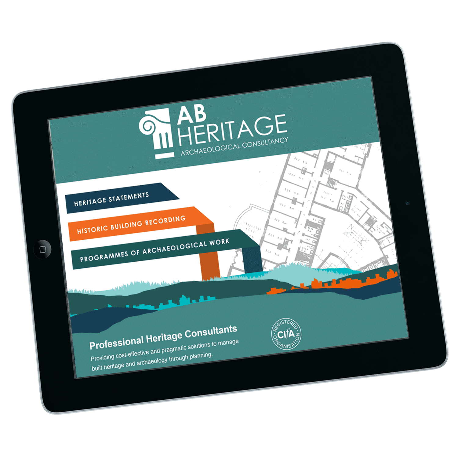 Animated mock-up of an on screen, interactive .pdf created for a heritage consultancy by Design by Pie, freelance graphic designer, North Devon