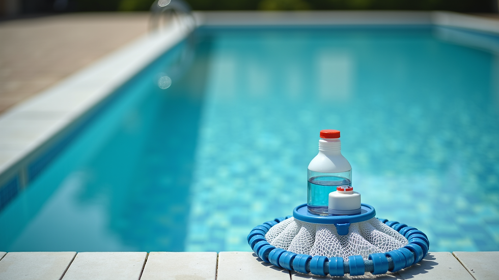Close-up view of pool maintenance equipment including a skimmer net and chemical test kit