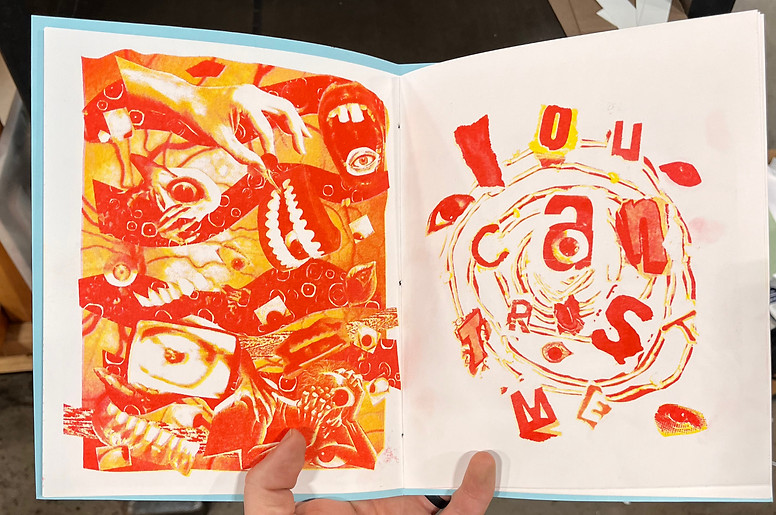 A risograph collage of eyes, teeth, and hands.