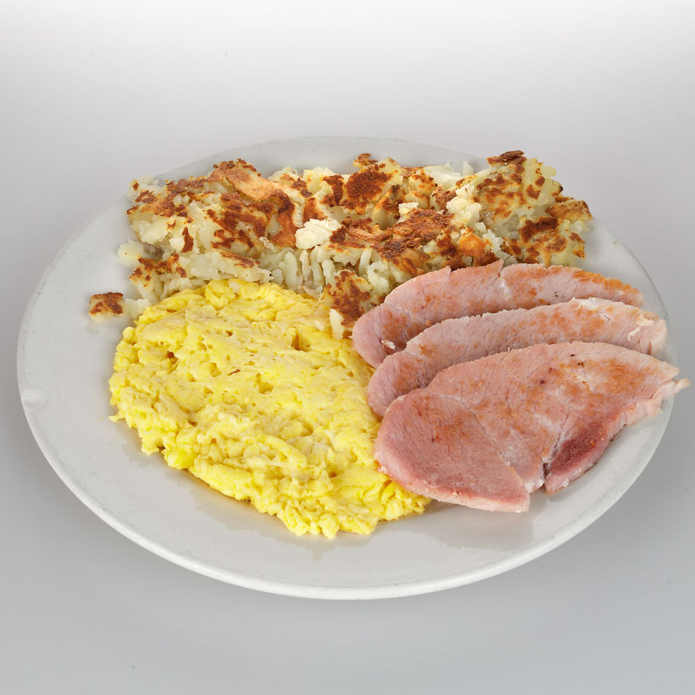 Two eggs and meat same as above, served with your choice of bacon, sausage links or patties, ham off the bone, Canadian bacon or turkey bacon.