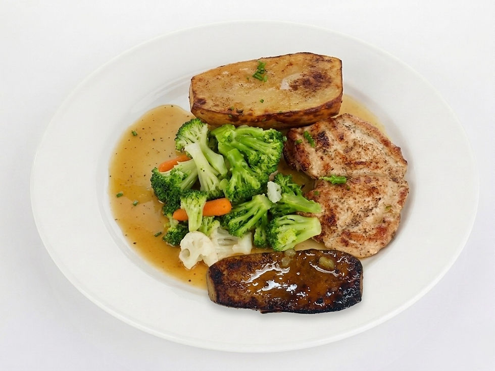 Chicken breast with oven browned potatoes, soup and vegetables
