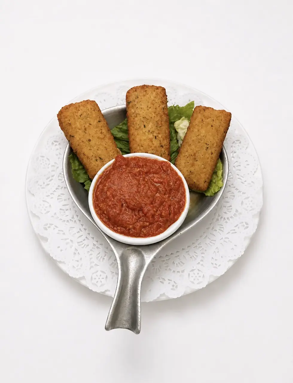 Golden-fried mozzarella sticks served hot with a side of rich marinara sauce for dipping.