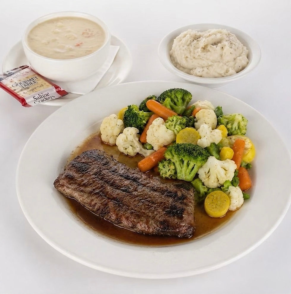 12 oz. steak served with au jus, soup, vegetables and choice of potato