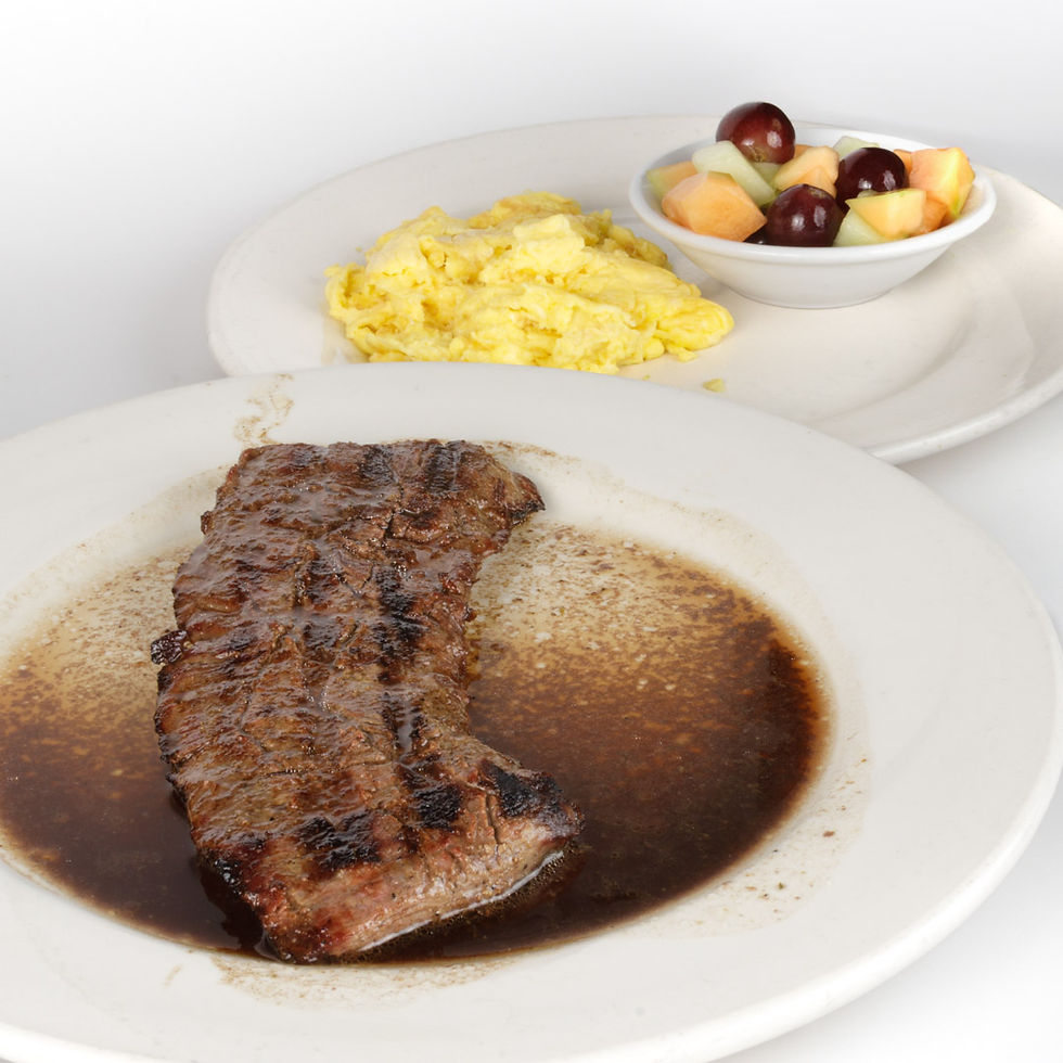 Grilled skirt steak with eggs, served your way.