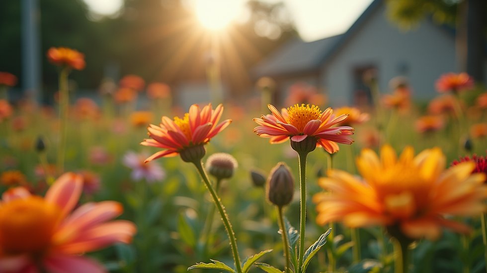 Eye-level view of a community garden with vibrant flowers