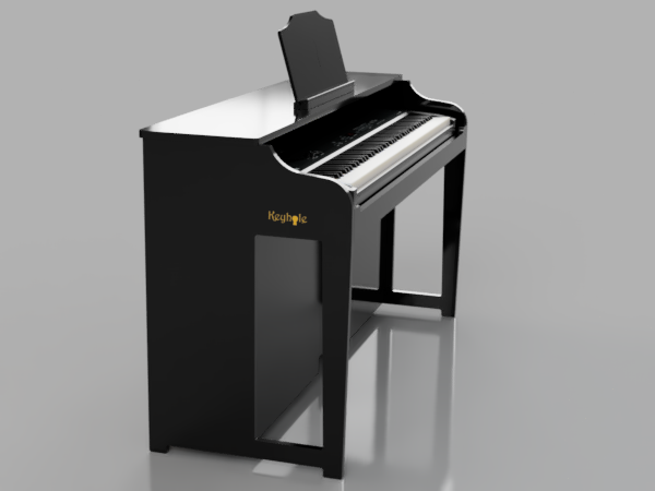 A black Keyhole upright piano shell with a keyboard inside