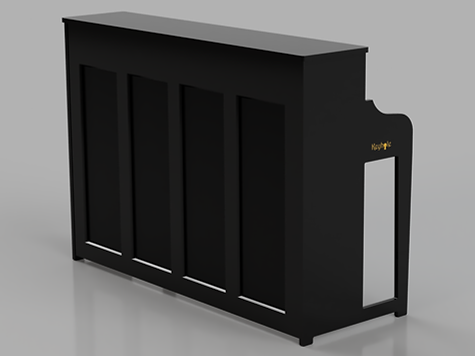 black upright piano with embossed rear panel