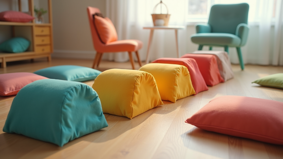 Close-up view of a colourful indoor obstacle course made with cushions and chairs