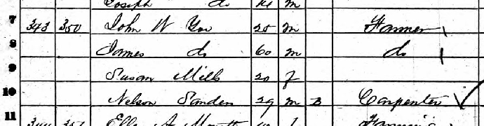In the decennial census for 1860, the main page heading was Free Inhabitants, and the enumeration provided names for Whites and Blacks who were not enslaved. Nelson Sanders is listed with a B, indicating that he was Black. As a carpenter, Sanders may have worked building either the "old barn" or the "old house" on the Yoe Farm.