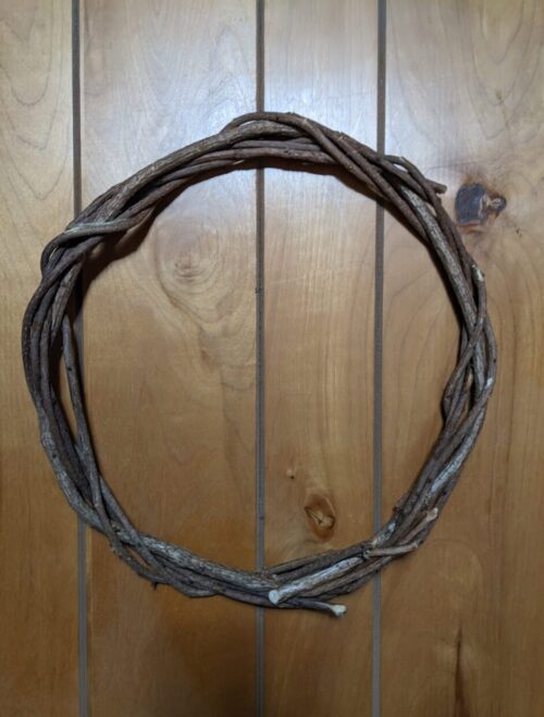 Bare wreath form made by volunteers from Oriental bittersweet vine