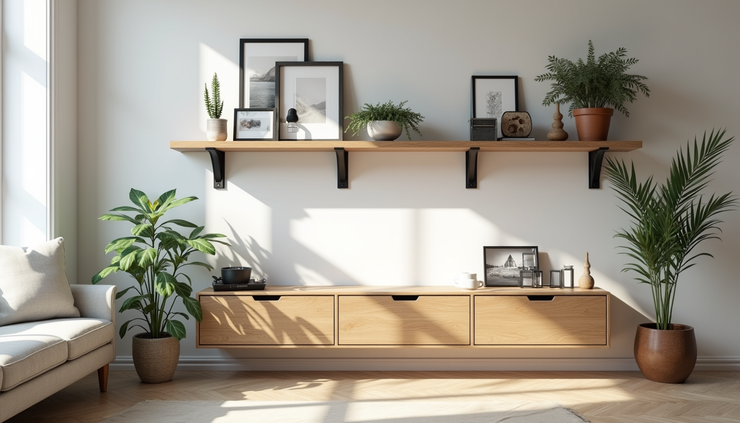 Eye-level view of a modern living room wall with rustic oak shelves styled with plants and framed photos