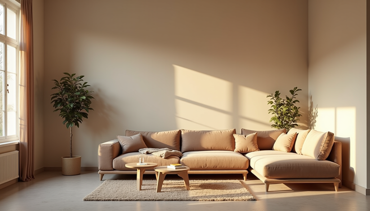 Eye-level view of a living room with warm beige walls and soft brown furniture