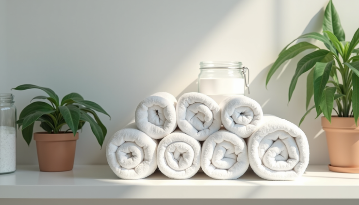 Eye-level view of a bathroom shelf with rolled towels, luxury soaps, and small potted plants