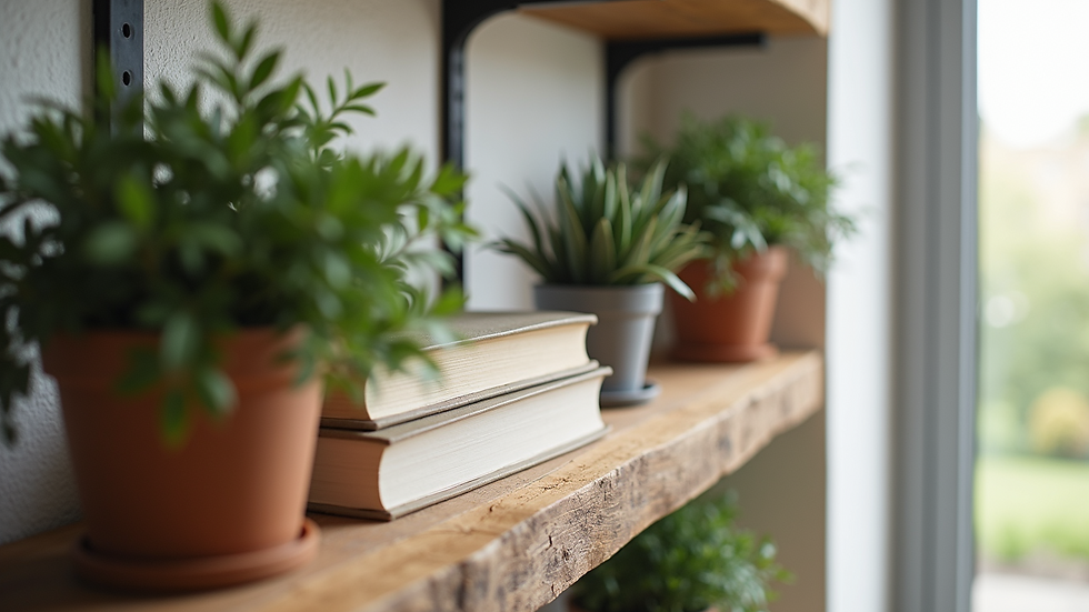 Eye-level view of rustic wooden floating shelves with plants and books